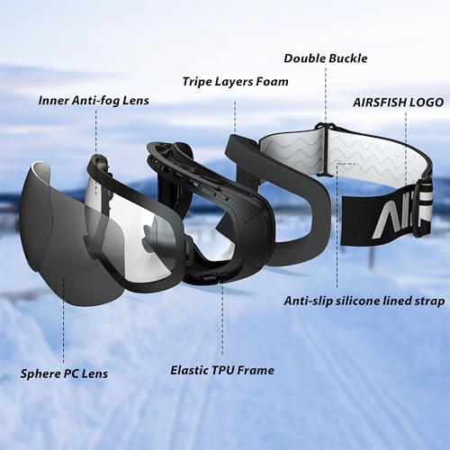 AirsFish Ski Goggles, Magnetic Side-Clip Snowboard Goggles Over Glasses -OTG Anti Fog 100% UV 400 Protection