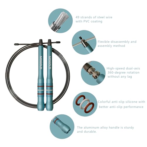 MOGOLD Speed Jump Rope, Turquoise Aluminum Alloy Handles with PVC Steel Wire, 17cm Handle, 118-Inch Adjustable Rope, 360-D...
