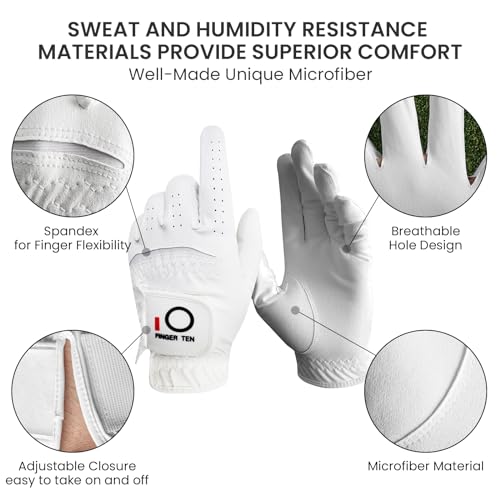 FINGER TEN All Weather Grip Golf Gloves Men Value 3 Pack for Right Handed Golfer, Hot Wet Rain Grip & Comfort Soft Glove f...