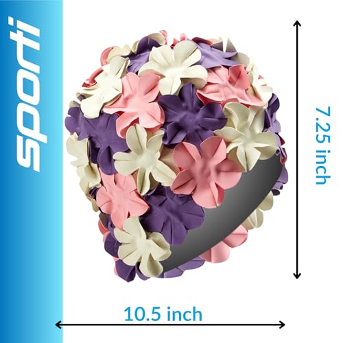 Sporti Flower Swim Cap - Swim Cap for Women- Stylish, Heavy-Duty Rubber, Hair Protection - Ideal for Water Enthusiasts