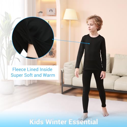 PISIQI Thermal Underwear Set for Boys Long Johns Fleece Lined Set Kids Ultra Soft Base Layer Top Bottom Warm Set for Skiing