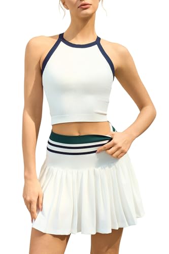 QINSEN Tennis Skirt Set for Women High Waisted Pleated Athletic Pickleball Skirt with Shorts Padded Tank Top 2 Piece Outfits