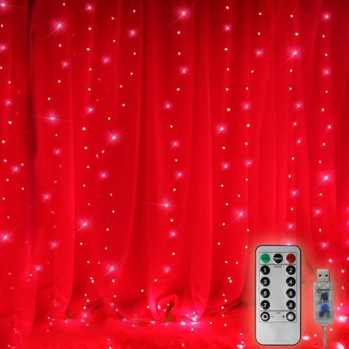 300 LED Curtain Christmas String Lights, Backdrop Fairy Lights With Remote Control USB Power 8 Lighting Modes Window Red L...