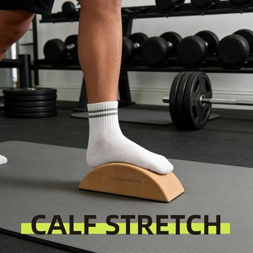 FITHUGOO 2 Pack Cork Yoga Block & Calf Stretching- Half Moon Recovery Block Improve Balance, Stability & Foot Mobility/Cal...