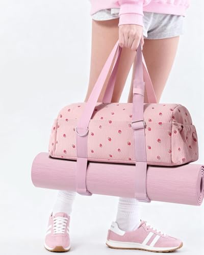 Hihealer Strawberry Gym Bag for Women & Girls, Corduroy Yoga Mat Bag with Holder, Large Capacity Dance Duffel Bag for Pila...