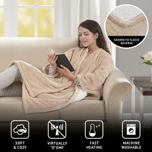 Beautyrest Wearable Electric Poncho Wrap Blanket, Ultra Soft Sherpa & Berber Fleece Heated Throw with Low EMF, UL Certifie...