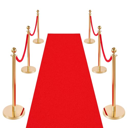 VEVOR Stanchions and Velvet Ropes 6Pcs, Hollow Base with Stainless Steel Post & 26.25ft Carpet, 4 Red Velvet Ropes, Crowd ...