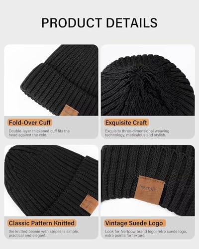 Nertpow Mens Beanie Hats 3 Pack, Winter Hats for Men Women Warm Thermal Fleece Lined, Thick Knit Fashion Skull Cap for Guys