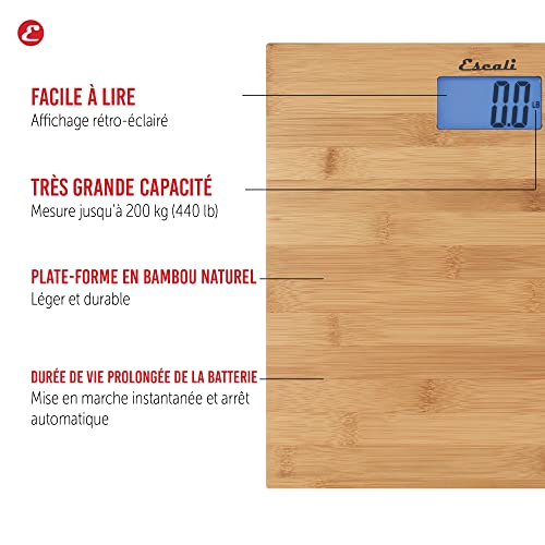 Escali Bamboo Digital Electronic Bathroom Scale for Body Weight, Bath Scale with Extra-High Capacity of 440 lb, Batteries ...