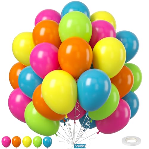 Rainbow Balloons, 50Pcs 12 Inches Yellow Orange Hot Pink Lime Green Neon Balloons Multicolor for Kids Colorful Rainbow Bir...