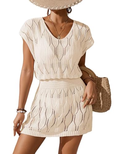 BreathSunny Womens Crochet Elastic Waist Beach Dresses Summer 2025 Scoop Neck Cap Sleeve Bathing Suit Cover Up Mini Dress