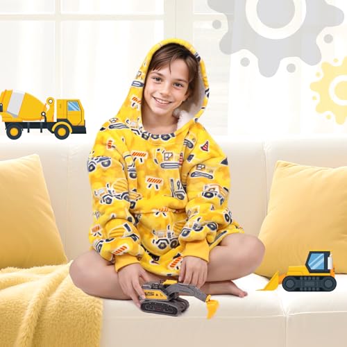 OHOIT Excavator Wearable Blanket Hoodie for Kids 6-10 YR - Glow in The Dark Truck Blanket with Oversized Pocket - Construc...