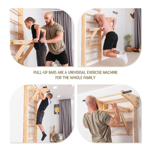 Swedish Ladder Wall Bars with Pull-Up Bar & Dip Station – Wooden Stall Bars, Multifunctional Home Gym Wall Ladder for Stre...
