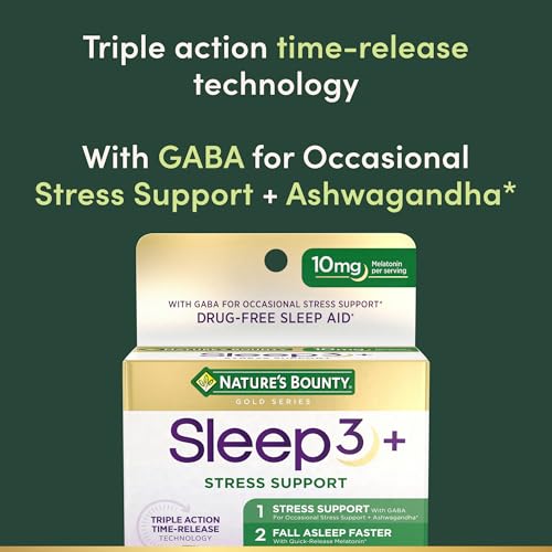 Nature's Bounty Stress Support Plus Melatonin, Sleep3 Maximum Strength 100% Drug Free Sleep Aid, Dietary Supplement with A...