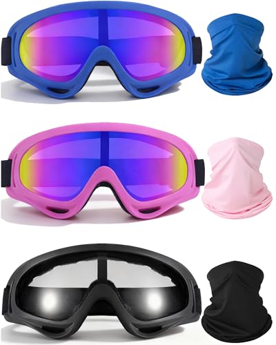 YISUGOOC 3 Pairs Motorcycle Goggles UV Protection Ski Goggles With 3 Pieces Neck Gaiter Riding Dust And Windproof
