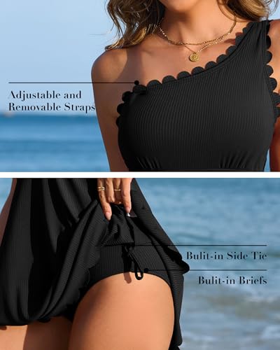 Charmo Ribbed One Shoulder Swim Dress Scalloped Tummy Control Swimsuits for Women Swimwear Built-in Side Tie and Briefs