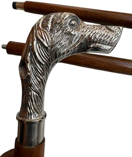 Vintage Dog Head Walking Stick/Cane - Handmade Wooden Foldable Walking Cane with Brass Handle - Brass Derby Designer Handl...