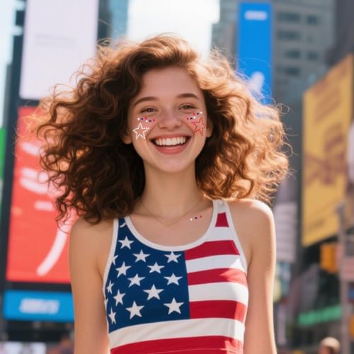 4th of July Face Gems with Tweezers Red White and Blue Tattoos Accessories Self-Adhesive Jewels Stickers for Women Girls 4...