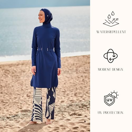 Islamic Full-Length Modest Swimsuit for Muslim Women | 4 PCS Burkini Set Top Pants Cap Bustier | Long Sleeve Rash Guard