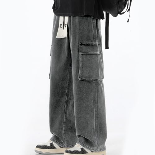 Mens Baggy Jeans Pants Loose Wide Leg Elastic Waist Cargo Pants Y2K Trendy Straight Drawstring Comfort Streetwear Trousers