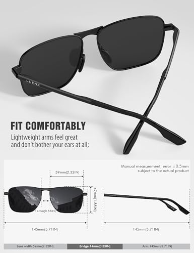 LUENX Rectangular Polarized Aviator Sunglasses for Men Retro Pilot Shades Driving UV400 Protection