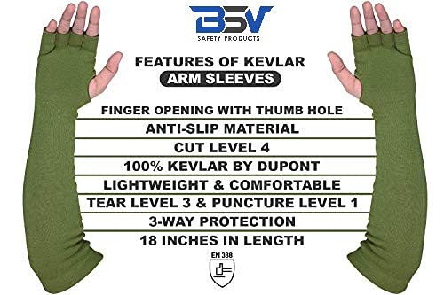 BSV Kevlar Arm Protection Sleeves with Finger Opening - Cut, Scratch, Stab, Bite and Heat Resistant - Unisex, 18 Inches, Sage Green, 1 Pair