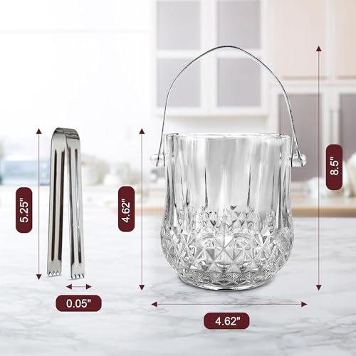 Lily's Home 1000ml -4.62" L x 4.62" W x 8.5" H - Glass Ice Bucket with Handle and Stainless Steel Tongs, Sparkling Ice Buc...