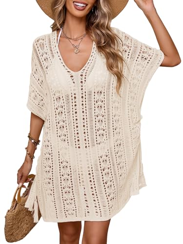 BreathSunny Womens Crochet Knit Swimsuit Coverup Beach Dress Summer 2025 Oversized V Neck Cap Sleeve Bathing Suit Cover Up