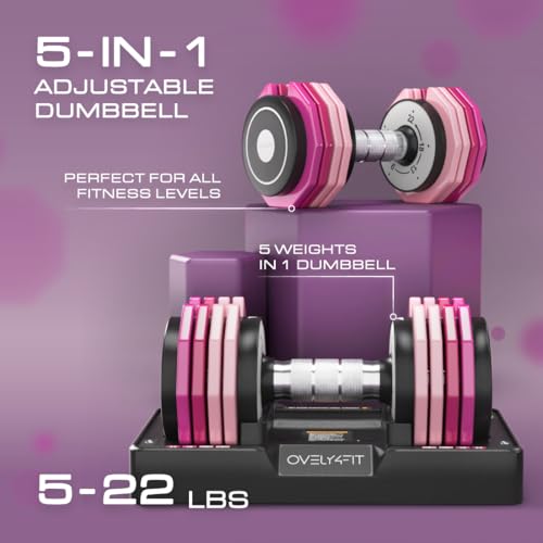 OVELY4YFIT Adjustable Dumbbell, 5-in-1 Weight Options (4.5-22.5LB), Quick 1-Second Weight Adjustment, Anti-Slip Metal Hand...