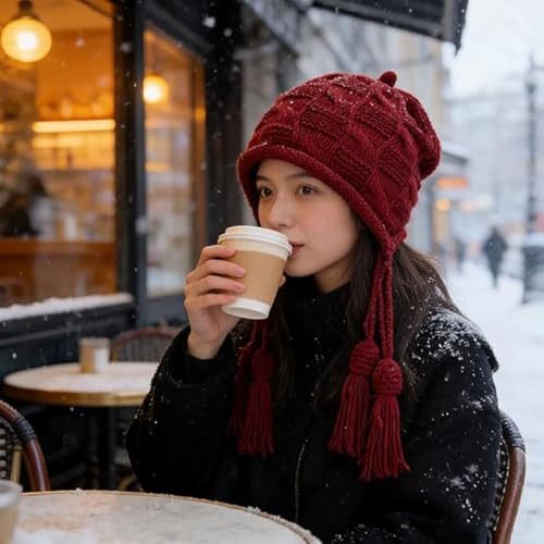 Red Knit Hat with Tassel, Tassel Warm Hand Knitted Skiing Beanie, Fashion Vintage Crochet Slouchy Design
