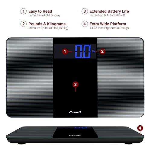 Escali Extra Wide Digital Bathroom Scale for Body Weight with Wide Platform for Natural Stance and Stability, High Capacit...