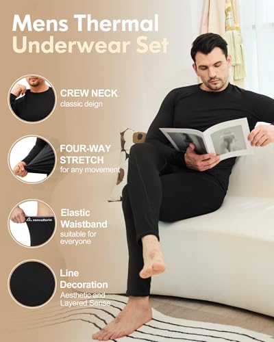 CL convallaria Thermal Underwear for Men Long Johns Fleece Lined Hunting Gear Set Base Layer for Cold Weather XS-4XL