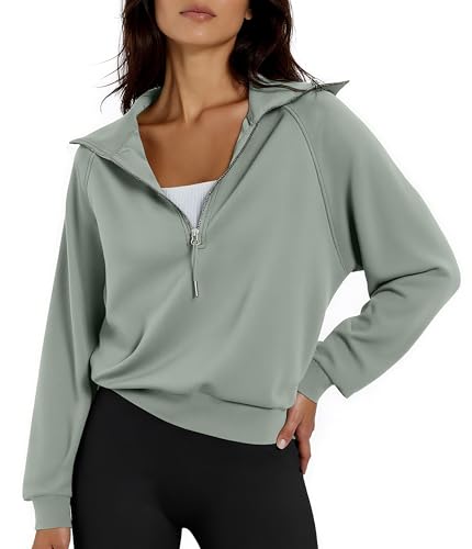 Women's Cropped Half Zip Pullover Quarter Zipper Long Sleeve Sweatshirt for Casual Wear