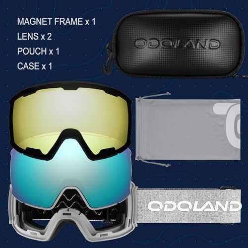 Odoland Magnetic Interchangeable Ski Goggles Set with 2 Lens, Anti-Fog UV Protection Snowboard Snow Goggles for Men Women