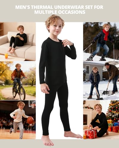 PISIQI Thermal Underwear Set for Boys Long Johns Fleece Lined Set Kids Ultra Soft Base Layer Top Bottom Warm Set for Skiing