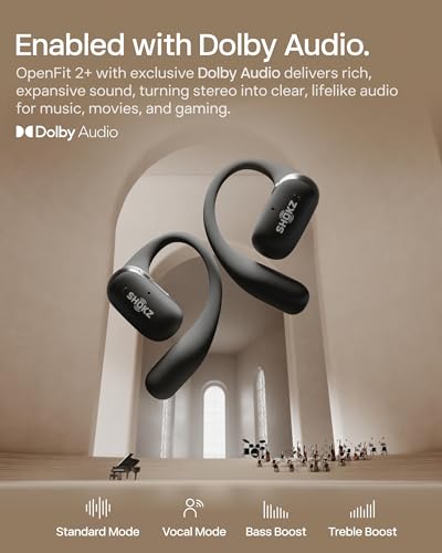 SHOKZ New OpenFit 2+ Open-Ear Headphones, Dolby Audio Enabled, Comfortable Earbuds with Soft Ear Hooks, 48H Playtime, IP55...