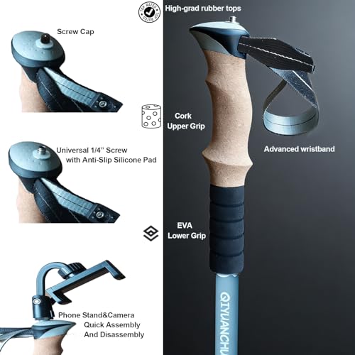 QIYUANCHUANG Collapsible/Foldable GoPro & Phone Mount Ready Trekking Poles - Ultra-Portable for Travel & Hiking, Lightweig...