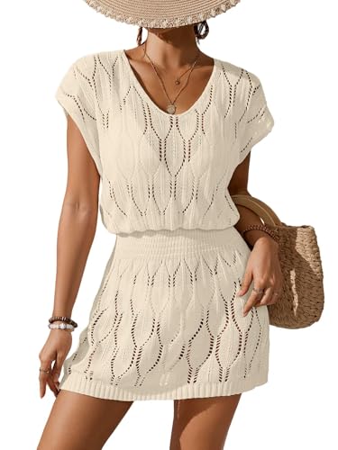 BreathSunny Womens Crochet Elastic Waist Beach Dresses Summer 2025 Scoop Neck Cap Sleeve Bathing Suit Cover Up Mini Dress