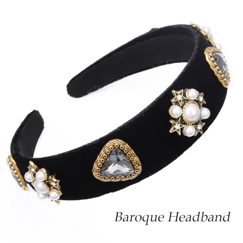 Coridy Black Baroque Headbands Pearl Rhinestones Wide Headband Velvet Jeweled Hair accessories for Women (Elegant)