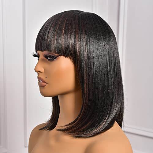 ToyoTress Black Mix Brown Bob Wigs With Bangs - 14 Inch Blunt Cut Bob Wig For Black Women Shoulder Length, Light Yaki Straight H