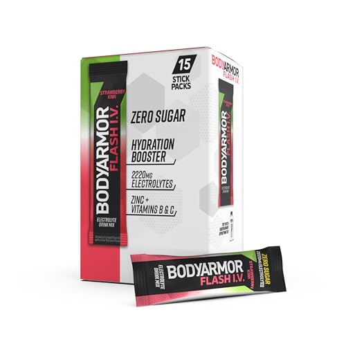 BODYARMOR Flash IV Electrolyte Packets, Strawberry Kiwi - Zero Sugar Drink Mix, Single Serve Packs, Coconut Water Powder (...