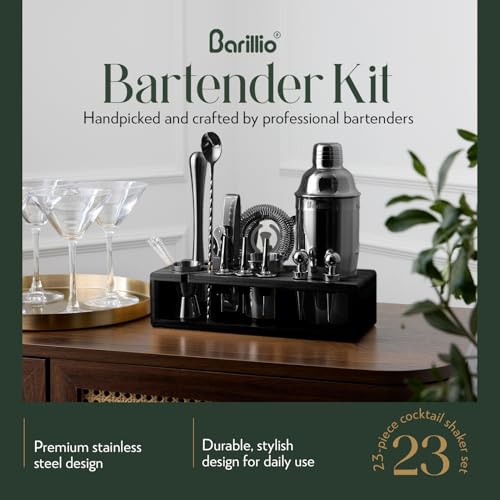Barillio Black Bartender Kit - Stainless-Steel Cocktail Shaker Set w/Black Bamboo Stand - Mixology Bar Tools w/Drink Shake...