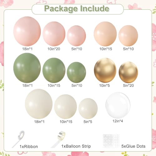 Sage Green Pink Gold Balloon Arch Kit 132Pcs Sage Green Pink Peach Ivory White Gold Clear Balloons for Boho Wildflower Bab...
