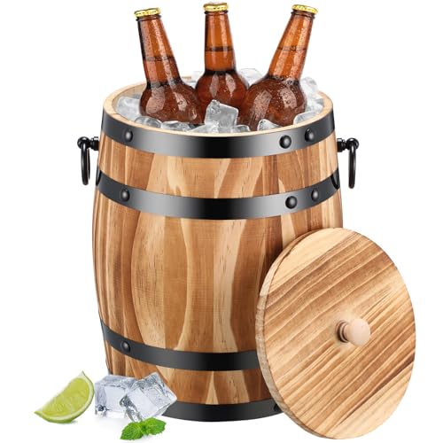 Honeydak Ice Bucket Wooden Barrel with Lid 1.5l Stainless Steel Interior Food Container with Handles for Cocktail Bar Part...