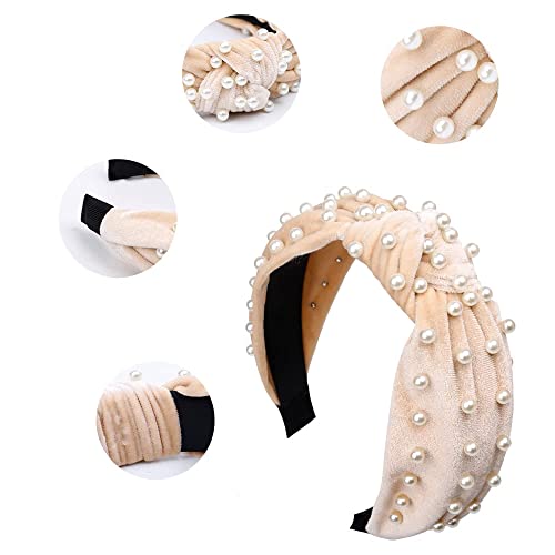 WOVOWOVO Headbands for Women Girls Thick Turban Velvet Knotted Headband Wide Pearl, Top Knot Head Bands for Women’s Hair B...