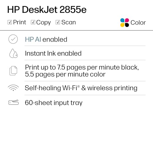 HP DeskJet 2855e Wireless All-in-One Color Inkjet Printer, Scanner, Copier, Best-for-home, 3 months of Instant Ink include...