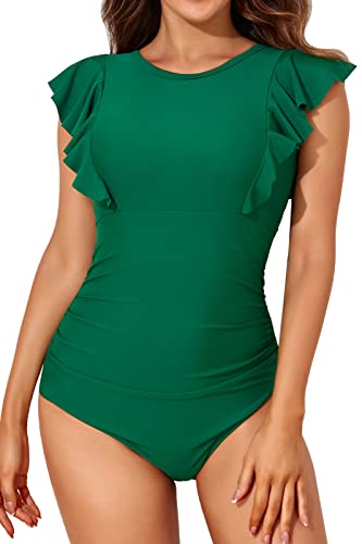 Smismivo Tummy Control Swimsuits for Women Slimming One Piece Bathing Suit High Neck Modest Ruffle Short Cap Sleeve Swimwear