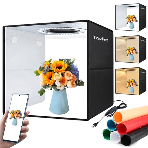 TzezFoz 16x16in Folding Portable Photo Lighting Studio with Ring Light, 224 LEDs 10-Level Dimmable USB Powered Shooting Te...