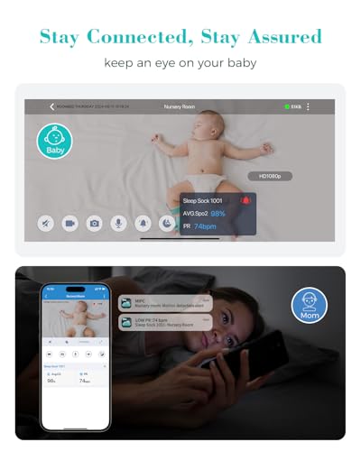 Babytone Baby Monitor - Smart Sleep Sock & 2.5K HD Camera, Track Heart Rate and Movement, Cry/Motion Detect, Two-Way Audio...