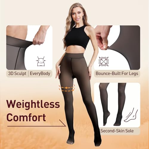 JIZ Translucent Fleece Lined Tights Women, Thermal Tights for Women Winter, Pantyhose Leggings, Warm Sheer Tights for Wome...
